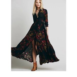 Free People Black and Red Floral Long Sleeve Dress